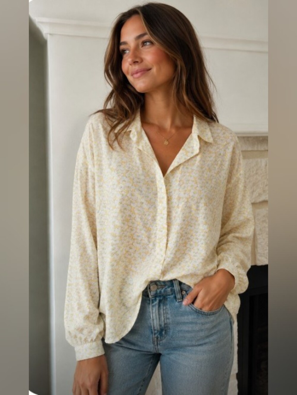 ANN MASHBURN Cream Button-Down Blouse with Yellow Floral Print